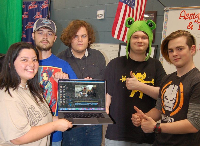 Neshoba Central students show off their short film, “Jimmie’s Time Quest,” which they are submitting to the national Technology Student Association competition this month. Pictured, from left: Kathryn Dreifuss, Jacob Goforth, Aiden Collins, Wayne Weaver, and William Schmid. Not pictured is Ethan Harden.